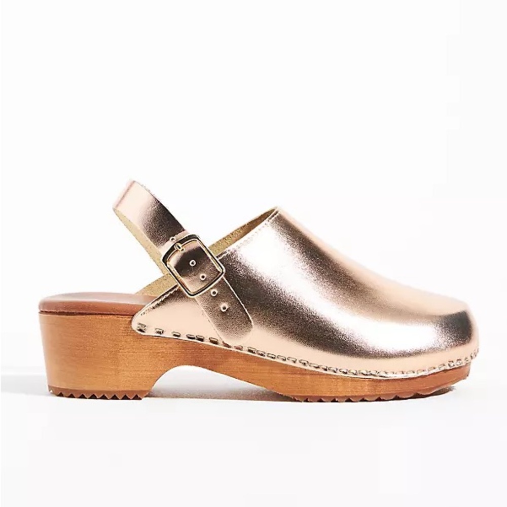 Anthropologie Metallic Rose Gold Slingback Leather Clogs